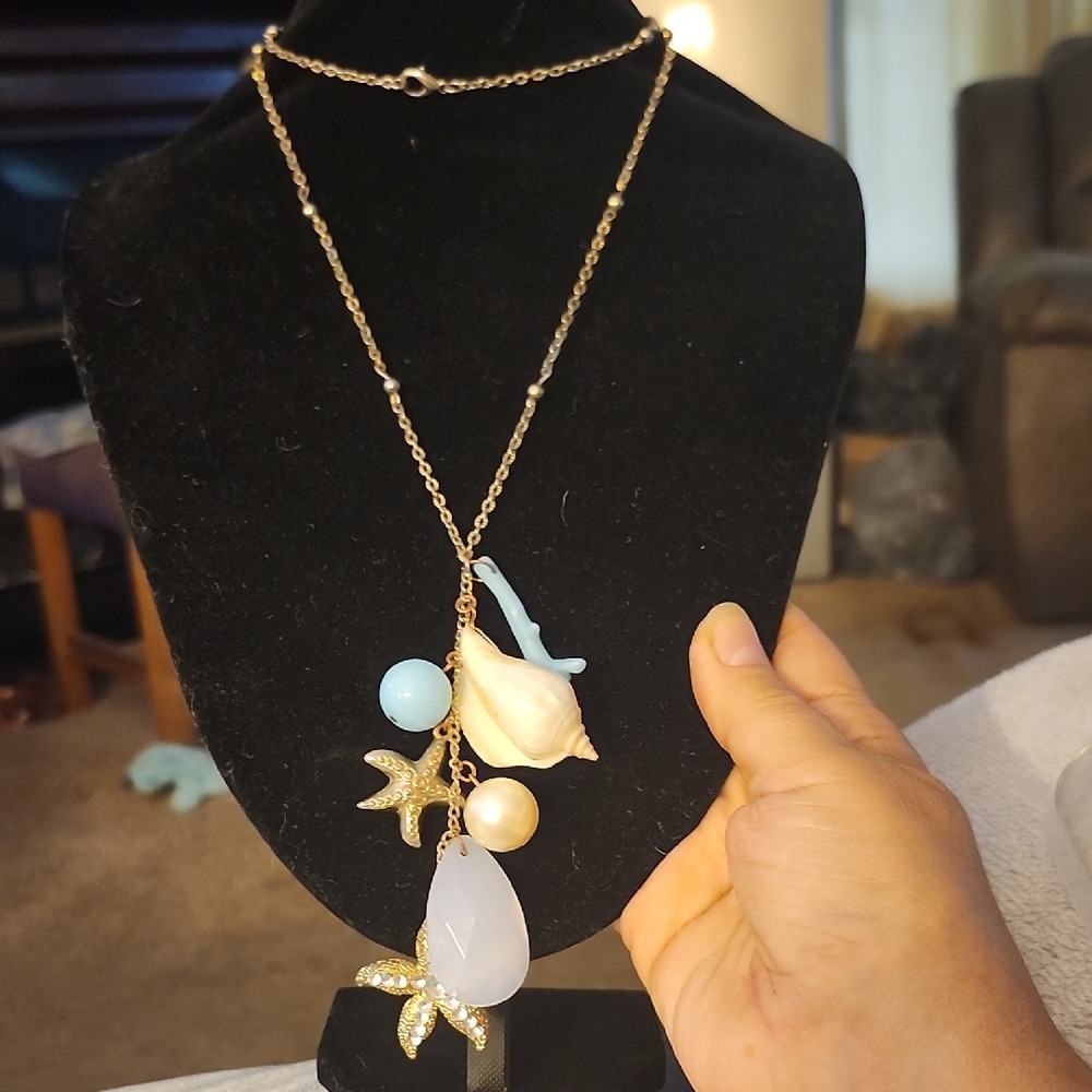 Seaside Charm Gold Necklace with Blue and Cream Accents
